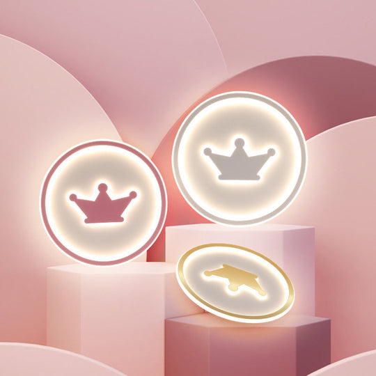 Kids Cartoon Crown LED Ceiling Lamp - Pink/Gold/White, 16"/19.5" Width