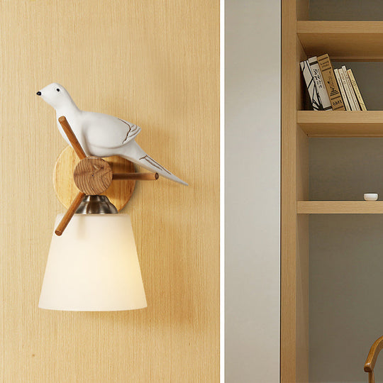 Contemporary White Wall Light With Bird Design For Library: Frosted Glass Tapered Shade Lamp / B