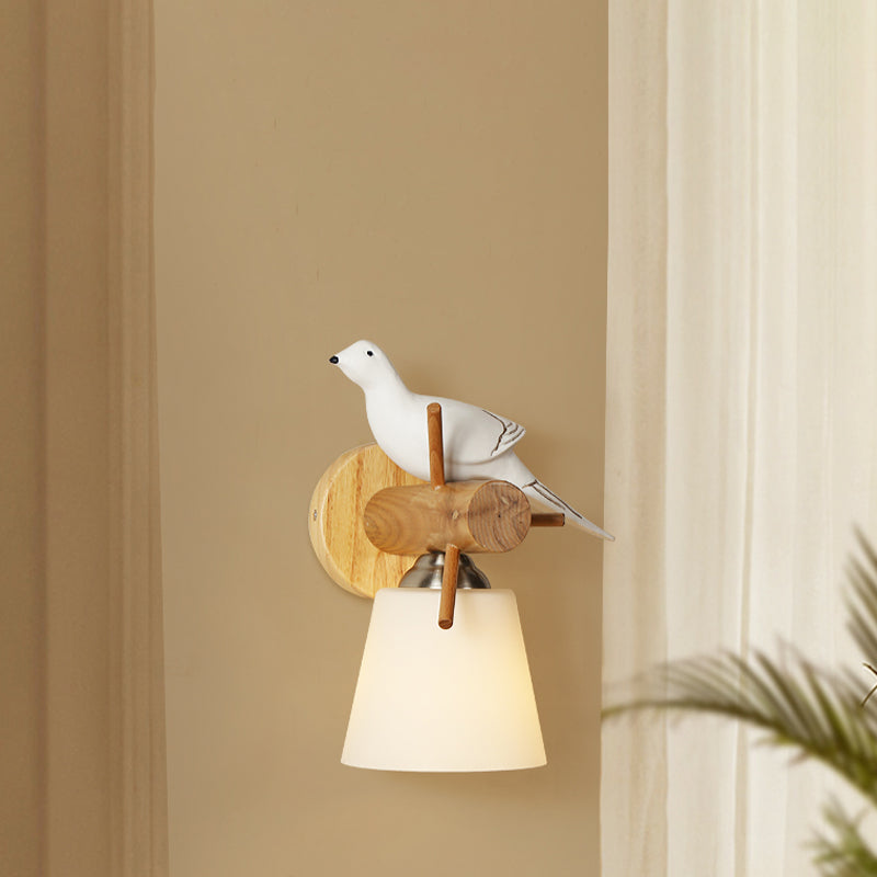 Contemporary White Wall Light With Bird Design For Library: Frosted Glass Tapered Shade Lamp