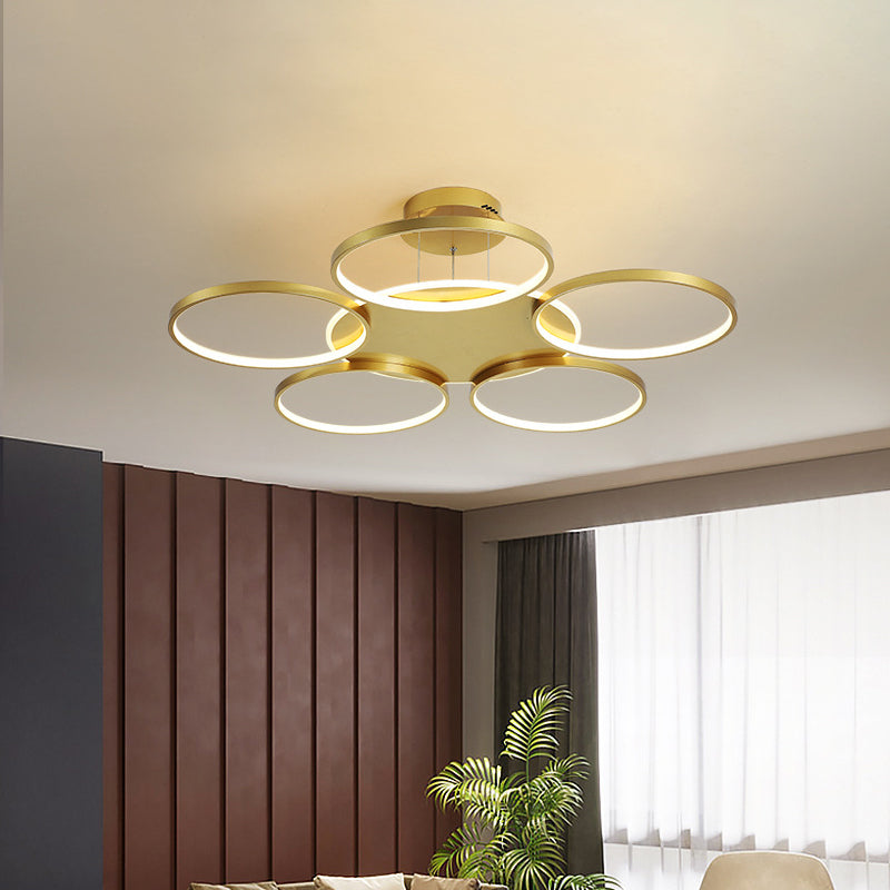 Modern Gold Halo Ring Chandelier - Flush Mount 3/5/6-Light Metal Ceiling Lamp In Warm/White Light