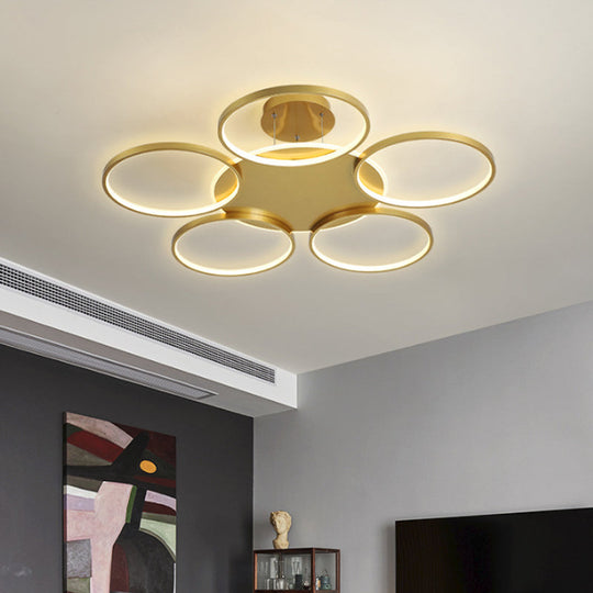 Modern Gold Halo Ring Chandelier - Flush Mount 3/5/6-Light Metal Ceiling Lamp In Warm/White Light