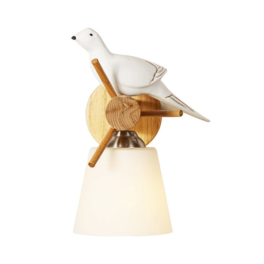 Contemporary White Wall Light With Bird Design For Library: Frosted Glass Tapered Shade Lamp