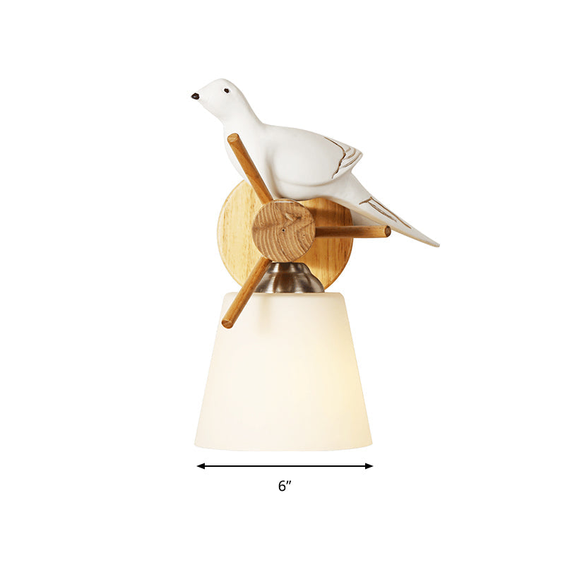 Contemporary White Wall Light With Bird Design For Library: Frosted Glass Tapered Shade Lamp