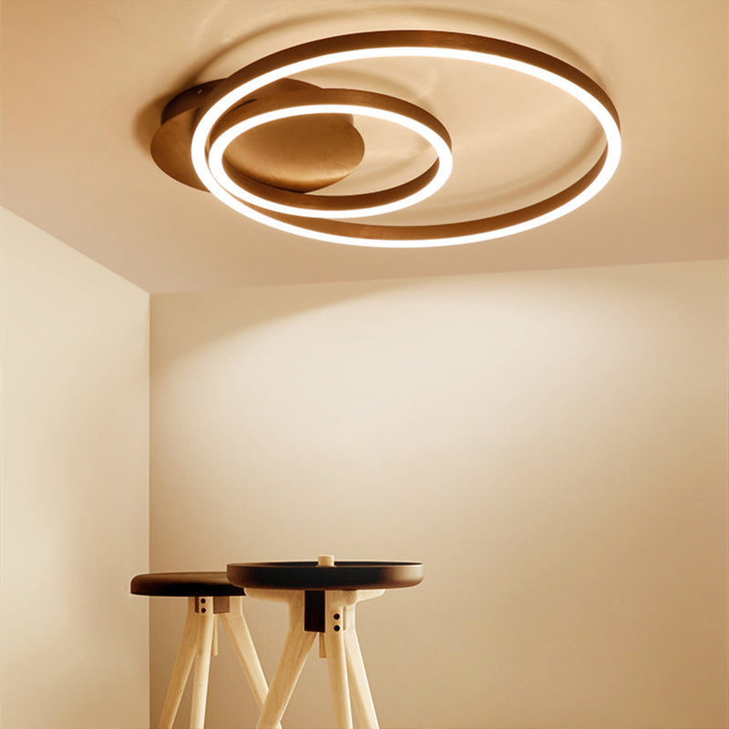 Modern Metallic Dual-Ring Ceiling Light - 16"/19.5"/23.5" Dia - LED Coffee Flush Mount Lamp for Living Room - Warm/White Light