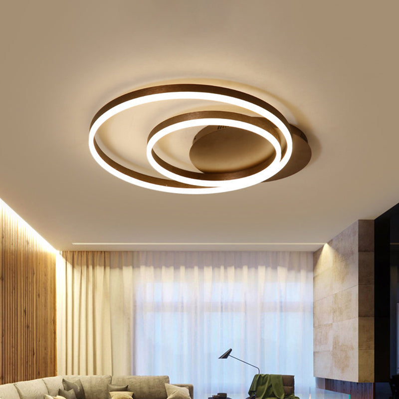 Modern Metallic Dual-Ring Ceiling Light - 16"/19.5"/23.5" Dia - LED Coffee Flush Mount Lamp for Living Room - Warm/White Light