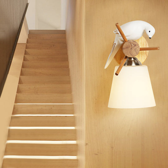 Contemporary White Wall Light With Bird Design For Library: Frosted Glass Tapered Shade Lamp