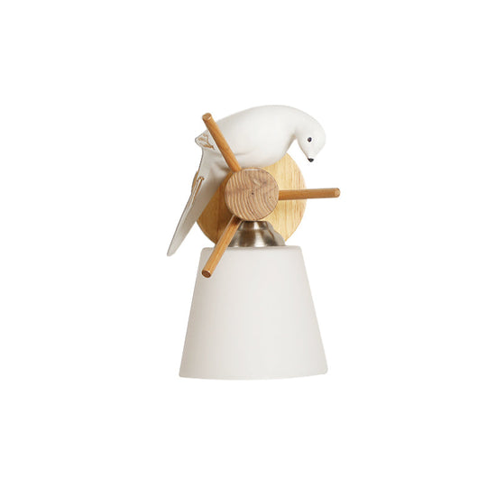 Contemporary White Wall Light With Bird Design For Library: Frosted Glass Tapered Shade Lamp