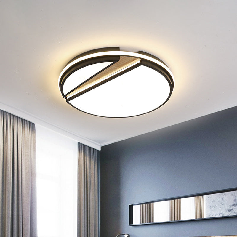 Modern Circle Segment Flush Mount Metal Bedroom LED Ceiling Light - Black & Wood, White/3 Color Lighting