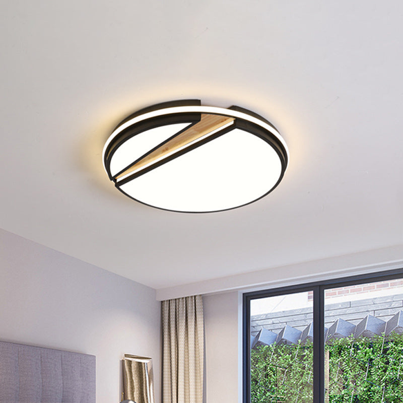 Modern Circle Segment Flush Mount Metal Bedroom LED Ceiling Light - Black & Wood, White/3 Color Lighting