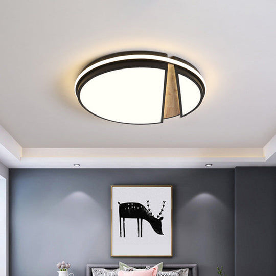 Modern Circle Segment Flush Mount Metal Bedroom LED Ceiling Light - Black & Wood, White/3 Color Lighting