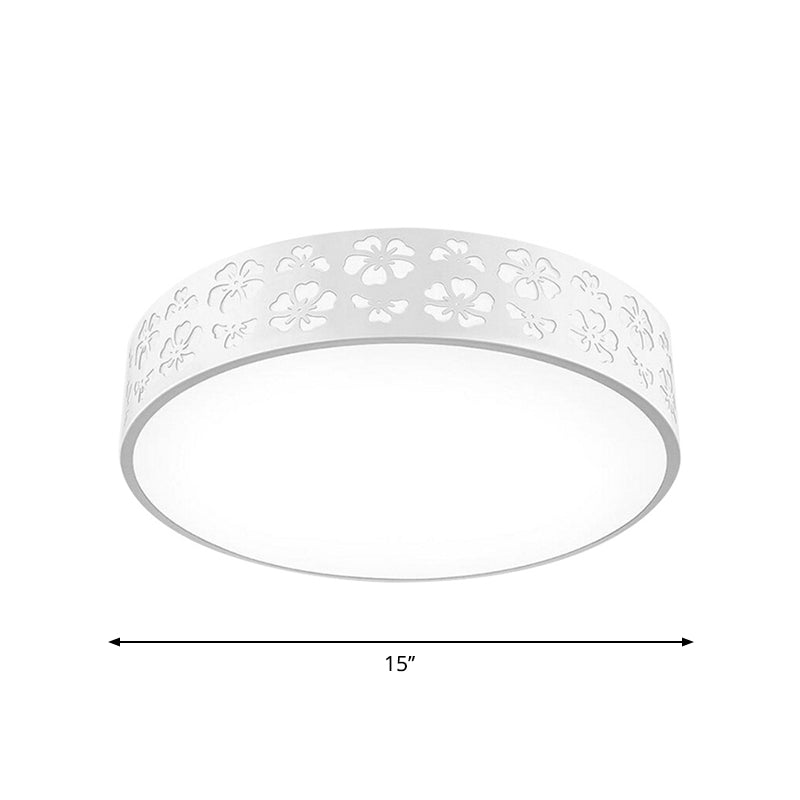 15/19 Wide Drum Metal Ceiling Lamp - Modern White Led Flush Mount Light With Cutout Flower White/3