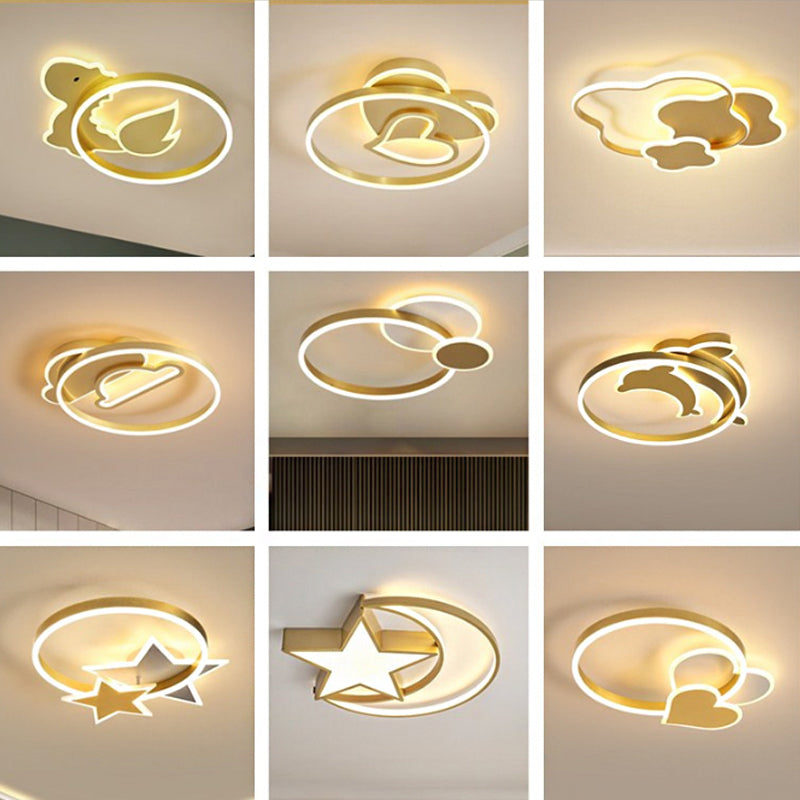 Modern Polished Gold LED Ceiling Lamp for Kids Bedroom - Cloud, Circle, and Windmill Shape