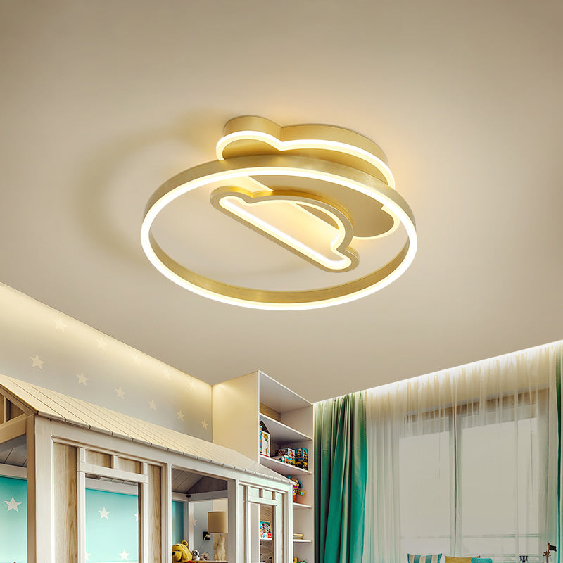 Modern Polished Gold LED Ceiling Lamp for Kids Bedroom - Cloud, Circle, and Windmill Shape