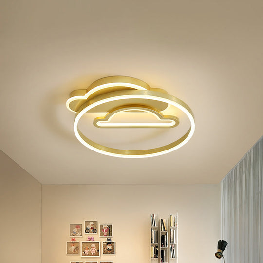 Modern Polished Gold LED Ceiling Lamp for Kids Bedroom - Cloud, Circle, and Windmill Shape