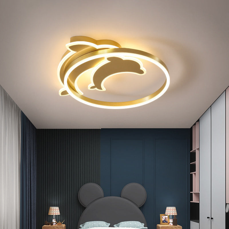 Modern Polished Gold LED Ceiling Lamp for Kids Bedroom - Cloud, Circle, and Windmill Shape