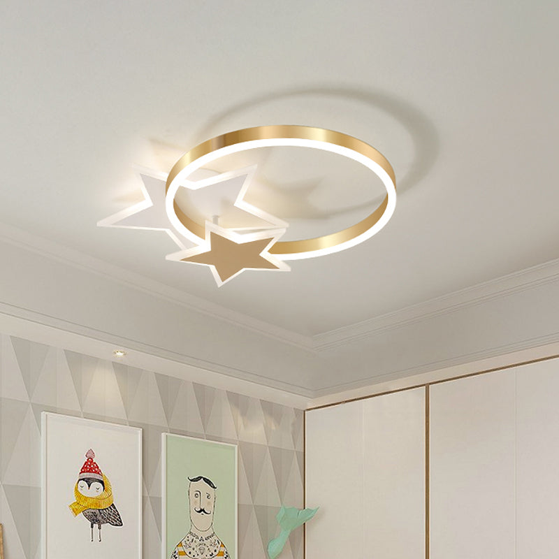 Modern Polished Gold LED Ceiling Lamp for Kids Bedroom - Cloud, Circle, and Windmill Shape