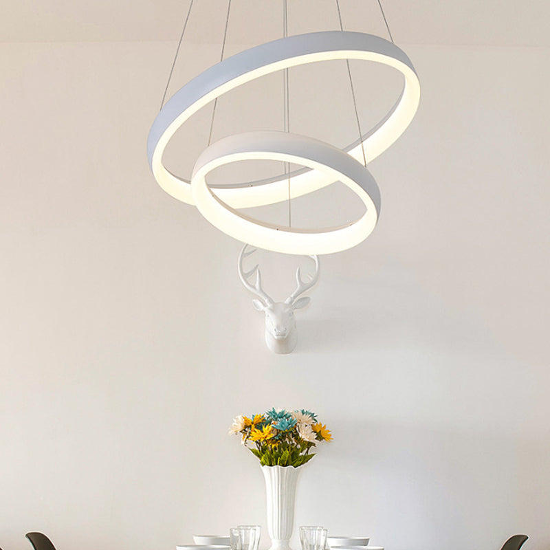 Nordic Metallic LED Pendant Light - Circle Chandelier for Dining Room, 1/2/3-Layered Design, White