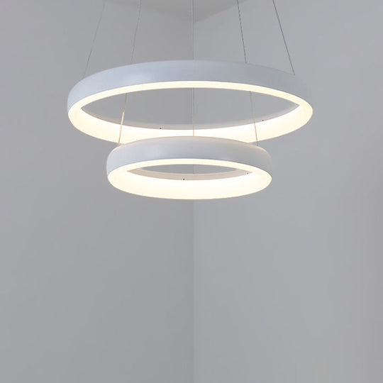 Nordic Metallic Led Pendant Light In White - Circle Chandelier For Dining Room Choice Of 1/2/3