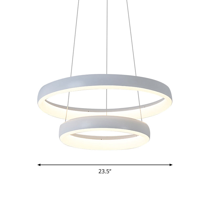 Nordic Metallic LED Pendant Light - Circle Chandelier for Dining Room, 1/2/3-Layered Design, White