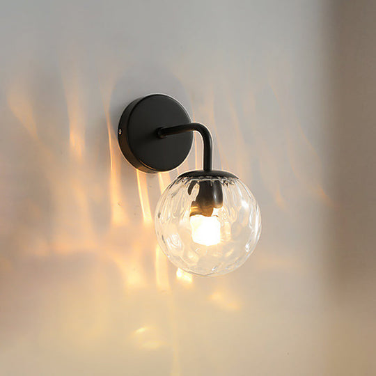 Minimalist Glass Ball Wall Lamp With Ripple Effect And Bent Arm In Black/Gold - Ideal For Bedroom