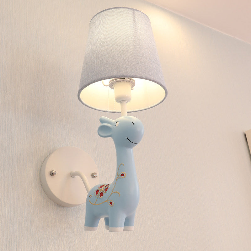 Giraffe Wall Light With Fabric Shade - Animal Themed Resin Sconce For Kids Bedroom Or Kindergarten