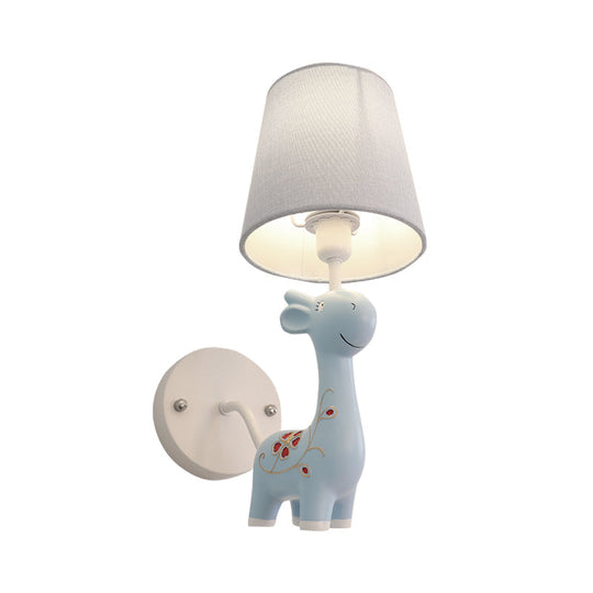 Giraffe Wall Light With Fabric Shade - Animal Themed Resin Sconce For Kids Bedroom Or Kindergarten