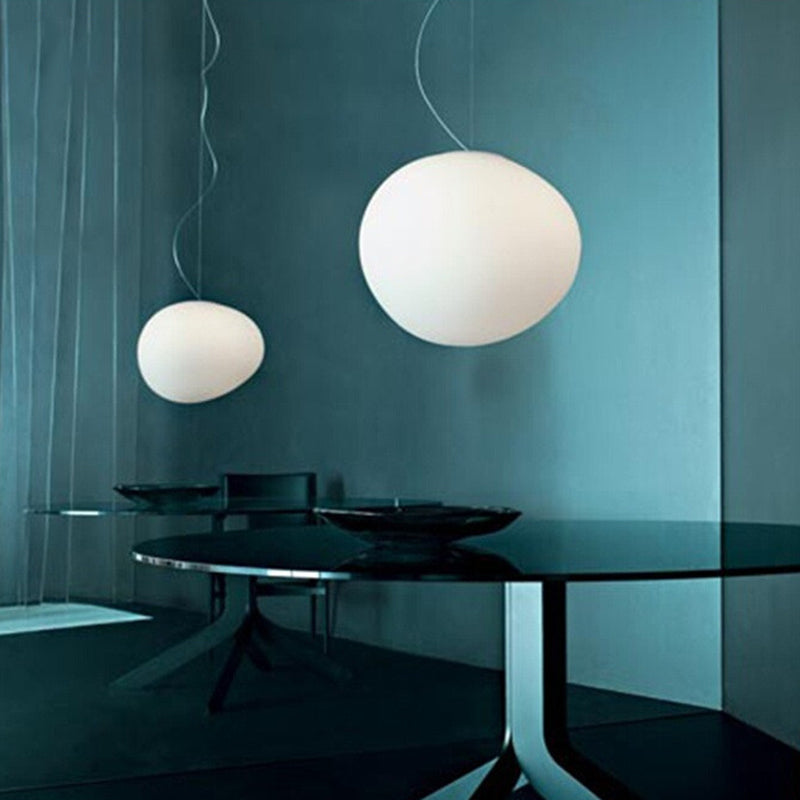 Minimalist Cream Glass Pendant Lamp for Dining Room - Floating Pebble Design, White, 9"/12.5"/18" Wide