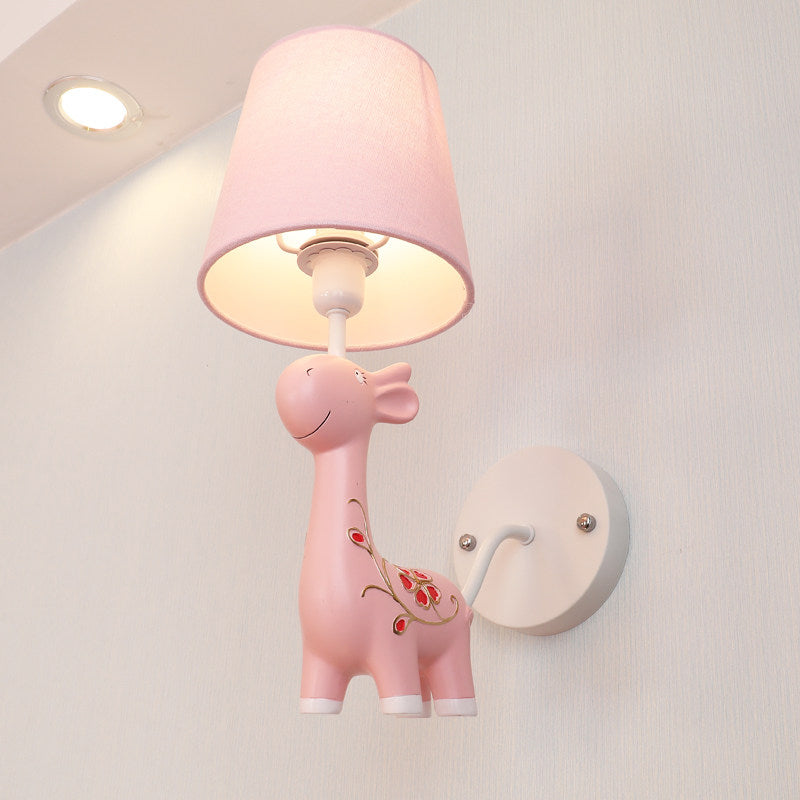 Giraffe Wall Light With Fabric Shade - Animal Themed Resin Sconce For Kids Bedroom Or Kindergarten