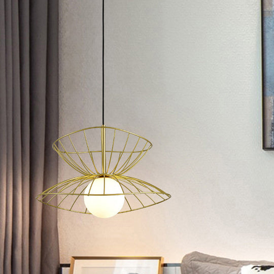 Modern Black And Gold Double-Flared Pendulum Ceiling Lamp With Opal Glass Ball