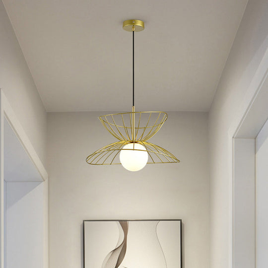 Modern Black And Gold Double-Flared Pendulum Ceiling Lamp With Opal Glass Ball