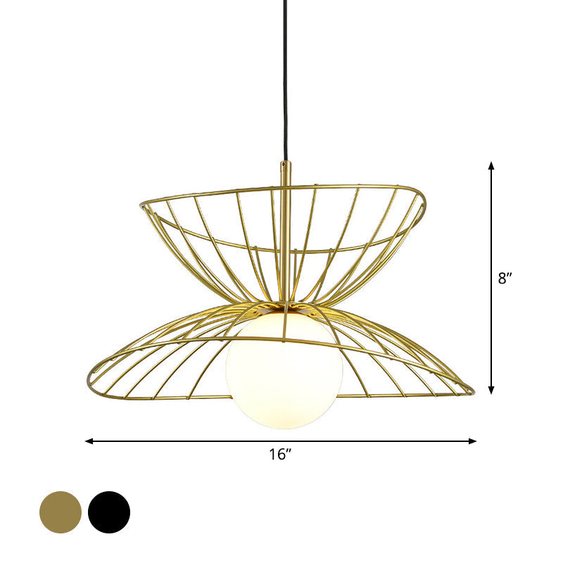 Modern Black And Gold Double-Flared Pendulum Ceiling Lamp With Opal Glass Ball