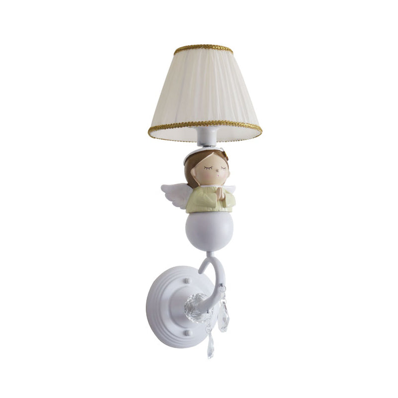 Crystal And Doll Deco Wall Light In White For Hallway - Modern Fabric Sconce Lamp With Tapered Shade