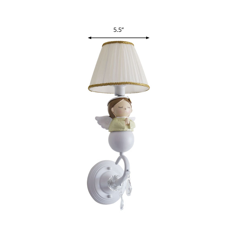 Crystal And Doll Deco Wall Light In White For Hallway - Modern Fabric Sconce Lamp With Tapered Shade