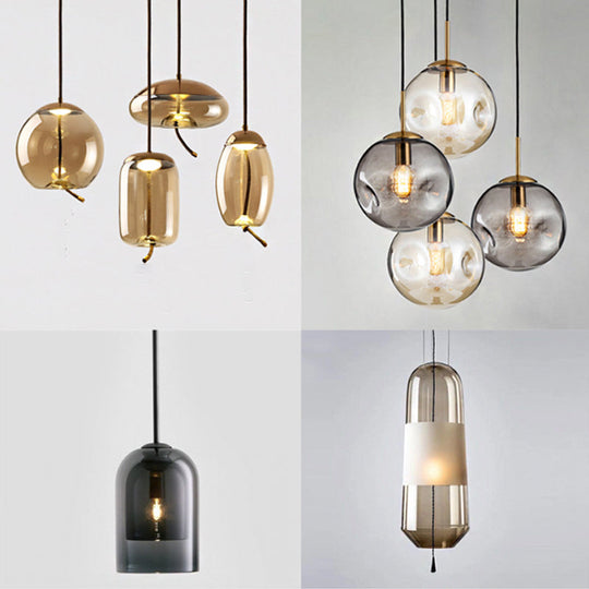 Dimpled Sphere Pendant Light: Modern Cognac/Smoke Grey Glass Brass Hanging Fixture For Living Room