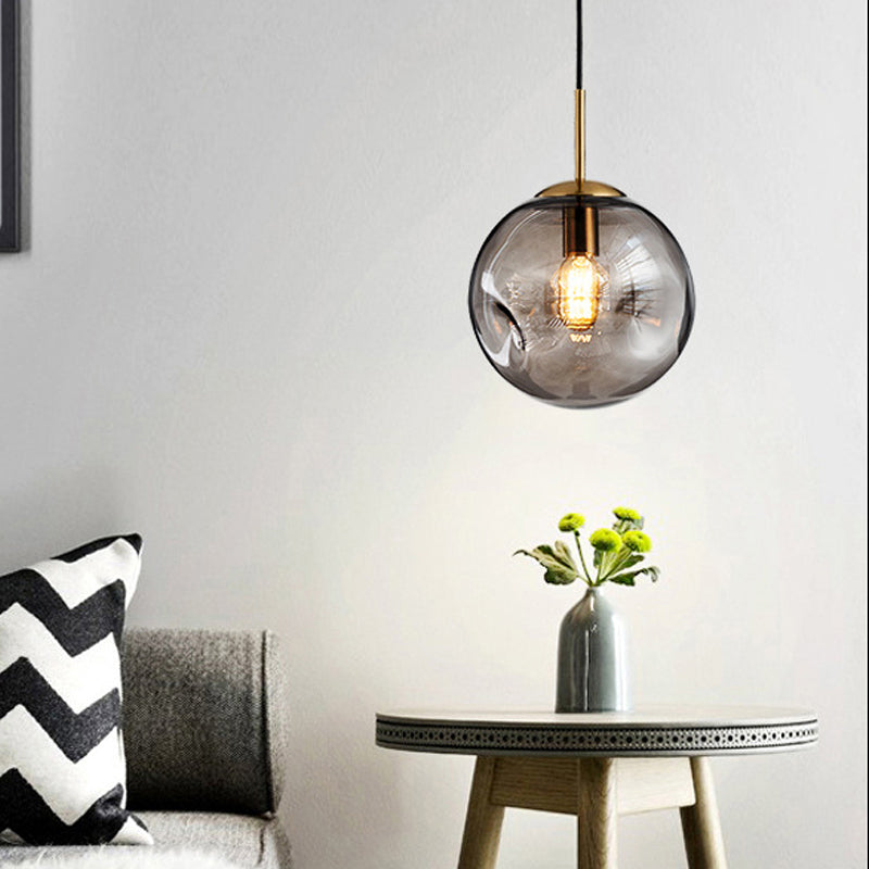 Dimpled Sphere Pendant Light: Modern Cognac/Smoke Grey Glass Brass Hanging Fixture For Living Room