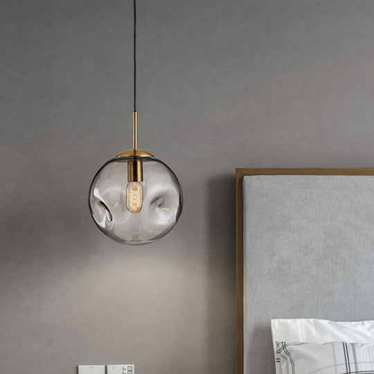 Dimpled Sphere Pendant Light: Modern Cognac/Smoke Grey Glass Brass Hanging Fixture For Living Room