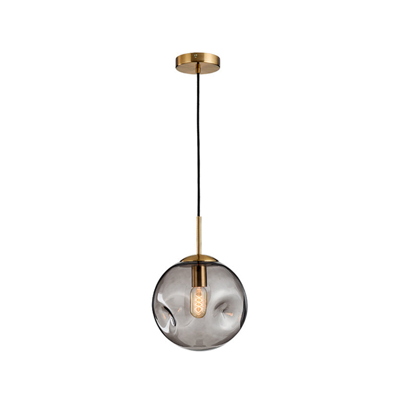 Dimpled Sphere Pendant Light: Modern Cognac/Smoke Grey Glass Brass Hanging Fixture For Living Room