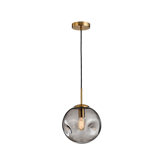 Dimpled Sphere Pendant Light: Modern Cognac/Smoke Grey Glass Brass Hanging Fixture For Living Room