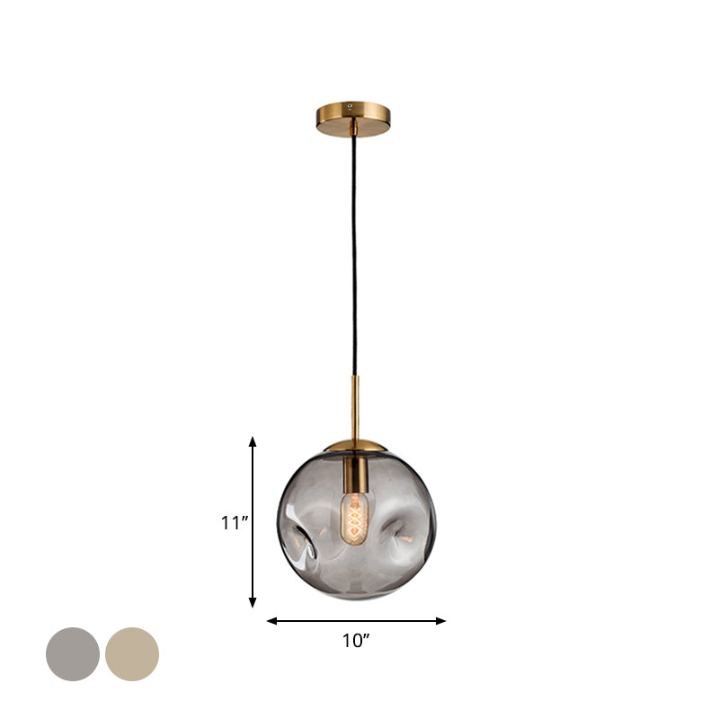 Dimpled Sphere Pendant Light: Modern Cognac/Smoke Grey Glass Brass Hanging Fixture For Living Room