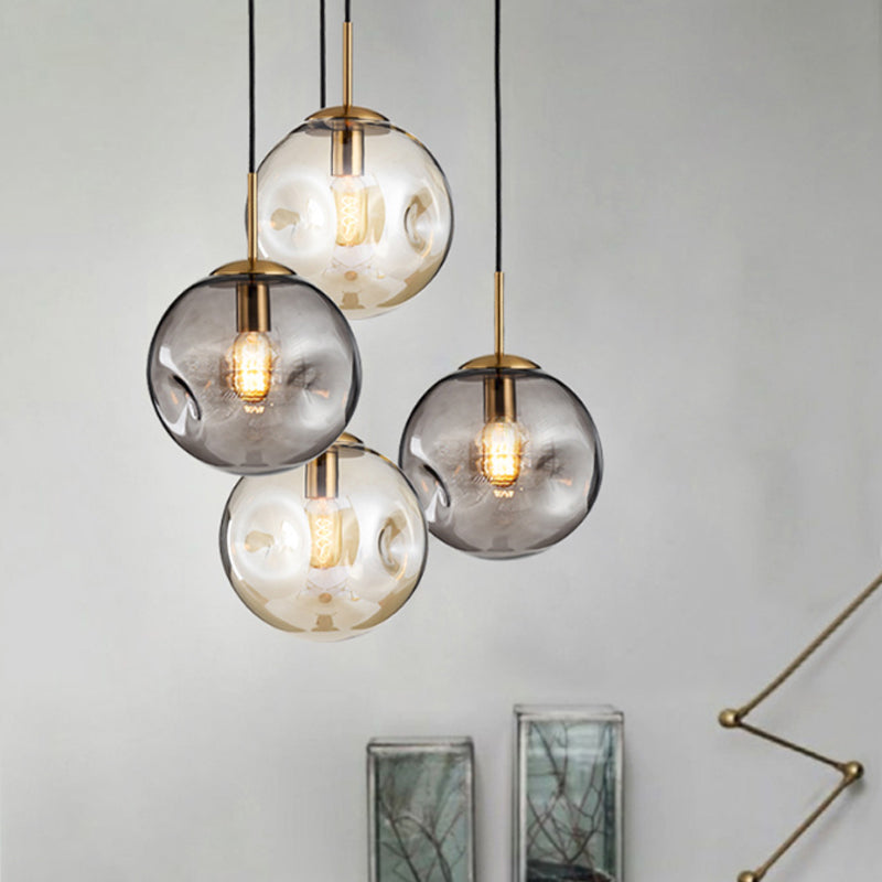 Dimpled Sphere Pendant Light: Modern Cognac/Smoke Grey Glass Brass Hanging Fixture For Living Room