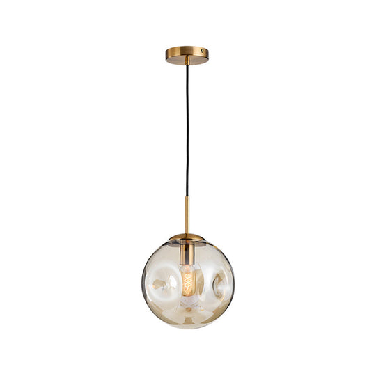 Dimpled Sphere Pendant Light: Modern Cognac/Smoke Grey Glass Brass Hanging Fixture For Living Room