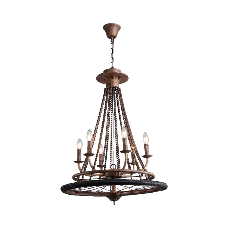 Rustic Wrought Iron Wheel Chandelier - Farmhouse Style Indoor Ceiling Lamp with 6 Lights, Candle, and Chain