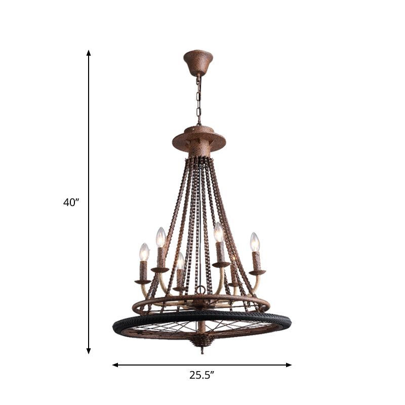 Rustic Wrought Iron Wheel Chandelier - Farmhouse Style Indoor Ceiling Lamp with 6 Lights, Candle, and Chain