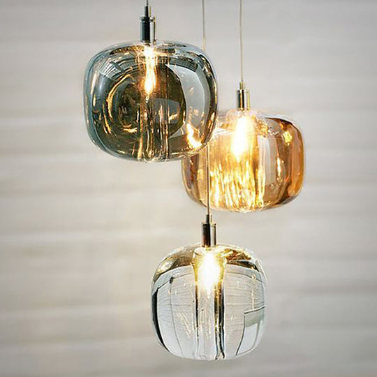 Modern Clear/Amber/Smoke Grey Glass 1 Head Pumpkin Shaped Hanging Light Kit - Brass Bedside Ceiling