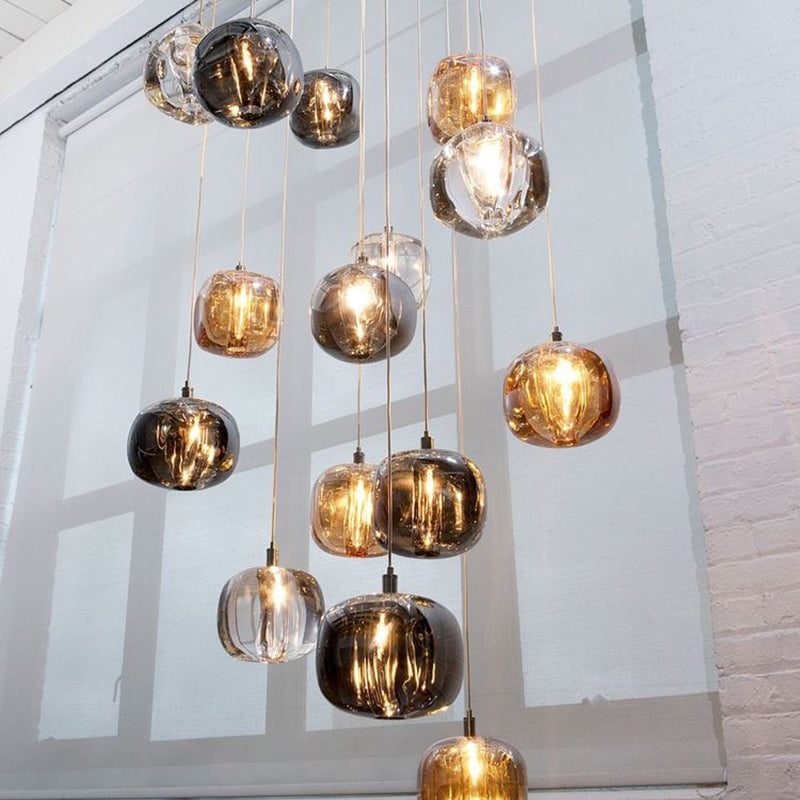 Modern Clear/Amber/Smoke Grey Glass 1 Head Pumpkin Shaped Hanging Light Kit - Brass Bedside Ceiling