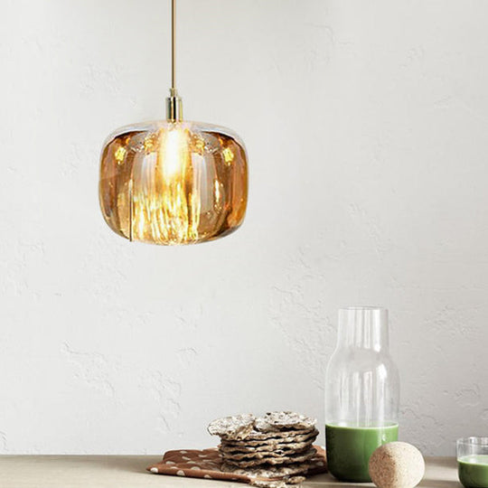 Modern Clear/Amber/Smoke Grey Glass 1 Head Pumpkin Shaped Hanging Light Kit - Brass Bedside Ceiling