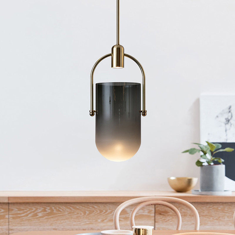 Modern Dome Pendant Lamp in Cream/Smoke Grey Glass - 1-Light, 7.5"/8.5" Wide - Dining Table Down Lighting with Brass Grip