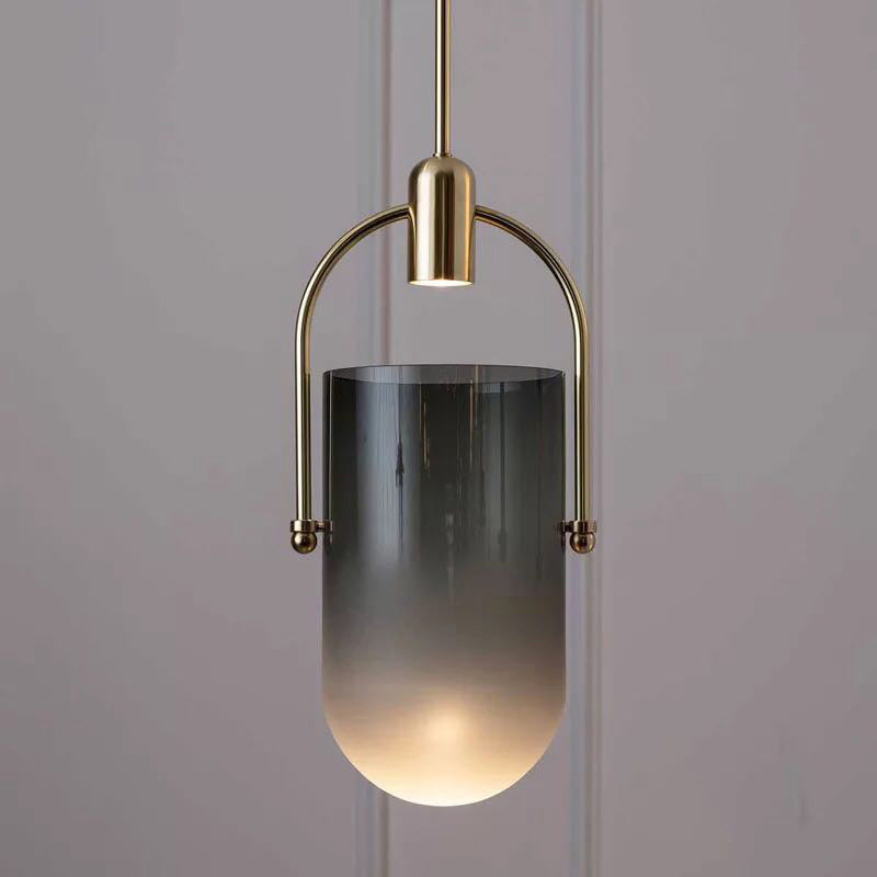 Modern Dome Pendant Lamp in Cream/Smoke Grey Glass - 1-Light, 7.5"/8.5" Wide - Dining Table Down Lighting with Brass Grip