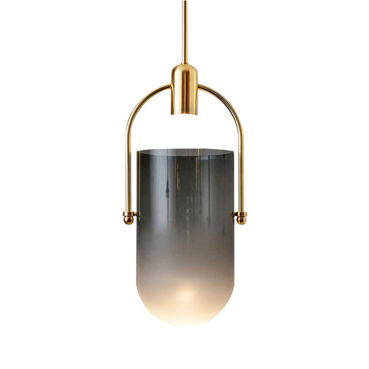 Modern Dome Pendant Lamp in Cream/Smoke Grey Glass - 1-Light, 7.5"/8.5" Wide - Dining Table Down Lighting with Brass Grip