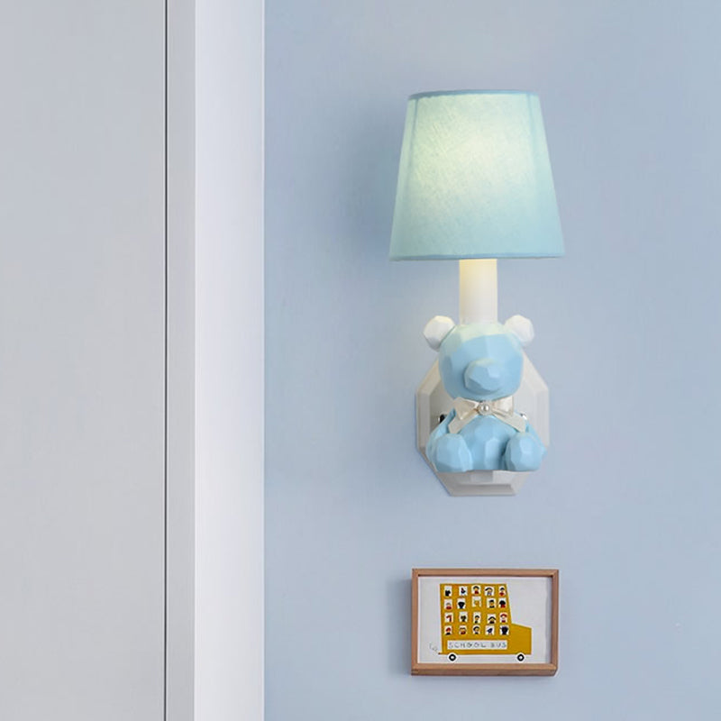 Little Bear Wall Light: Eye-Caring Cartoon Sconce Lamp With Coolie Shade - Resin 1 Head